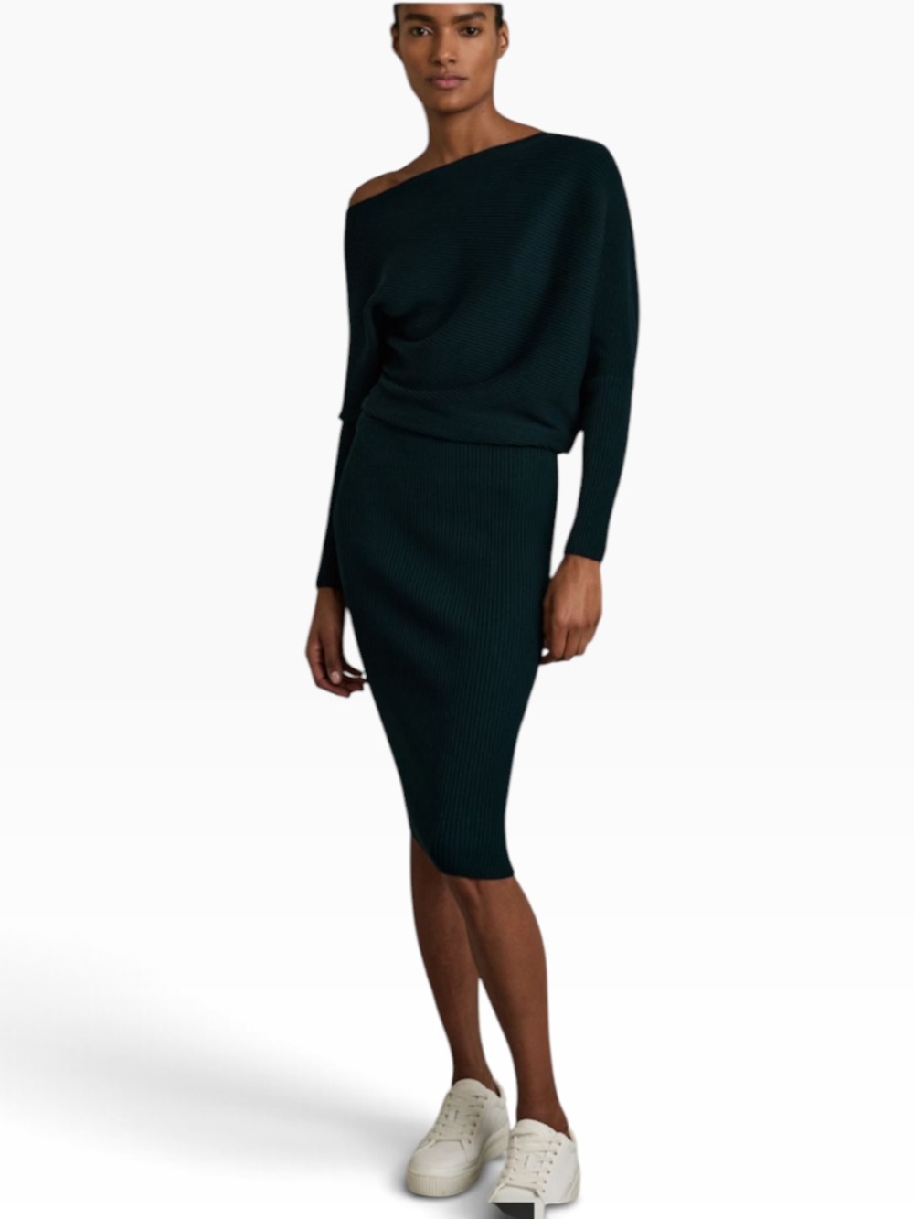 Reiss Lara Teal Ribbed Off Shoulder Batwing Knit Dress Size - Picture 13 of 14